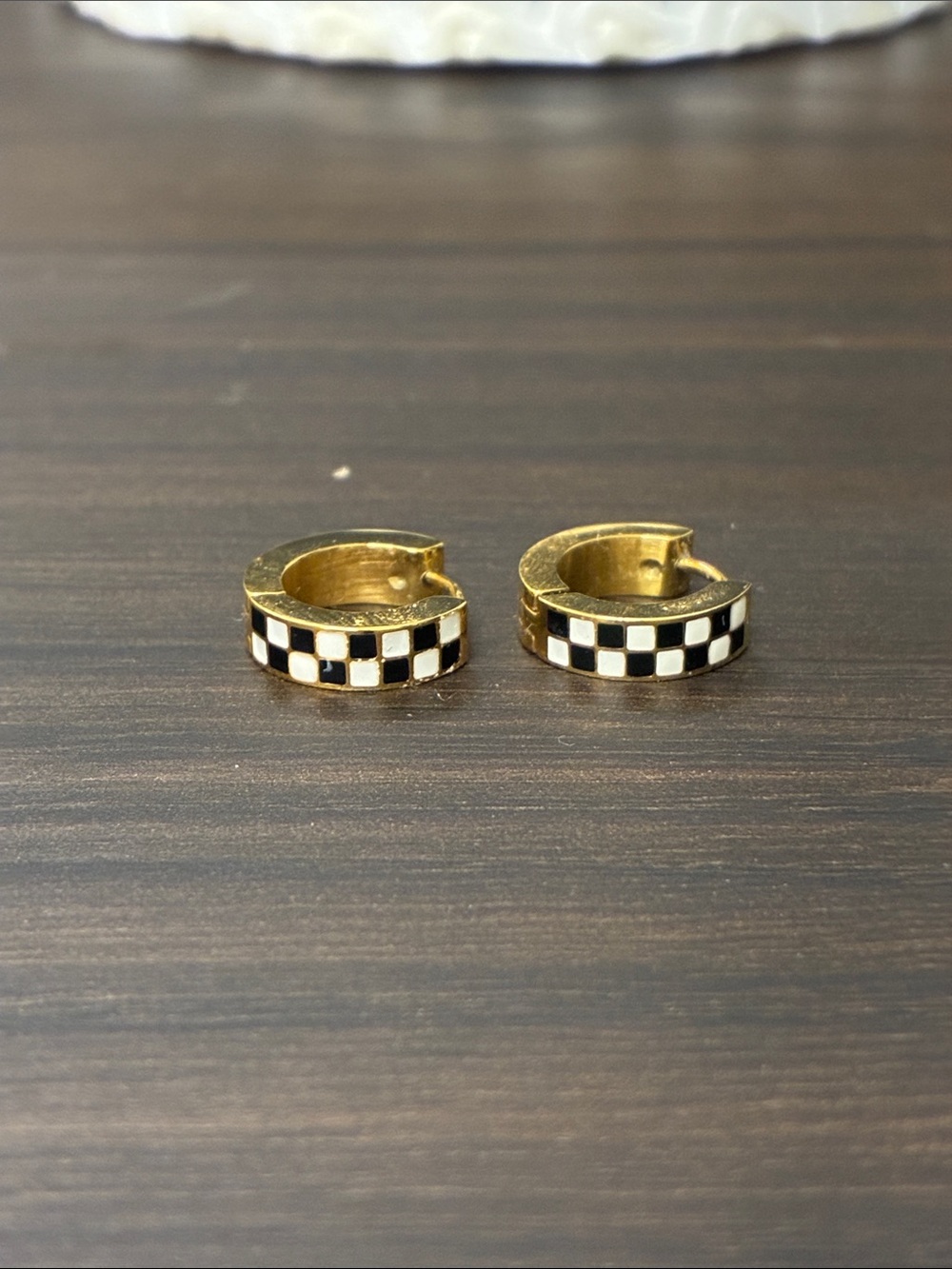 Gold Huggie Hoop Earrings with Black & White Checker Detail